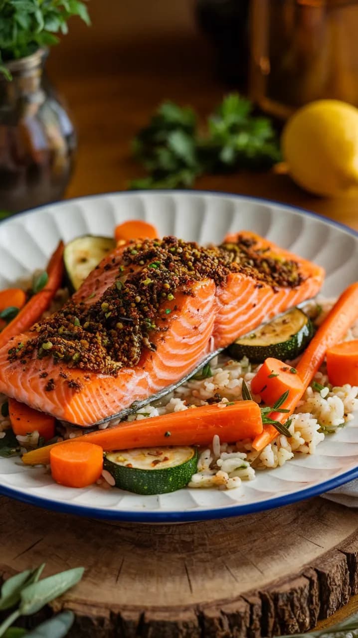 Saumon rôti au zaatar et légumes de saison