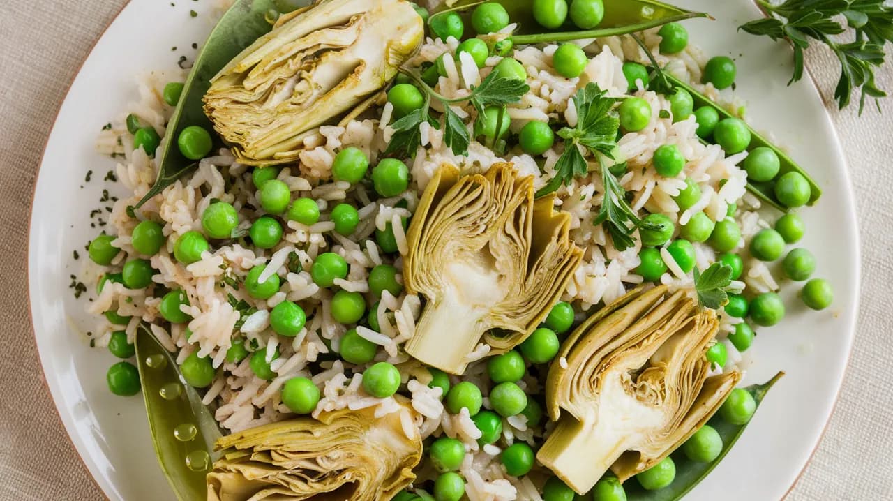 Salade de riz printanière aux petits pois et artichauts