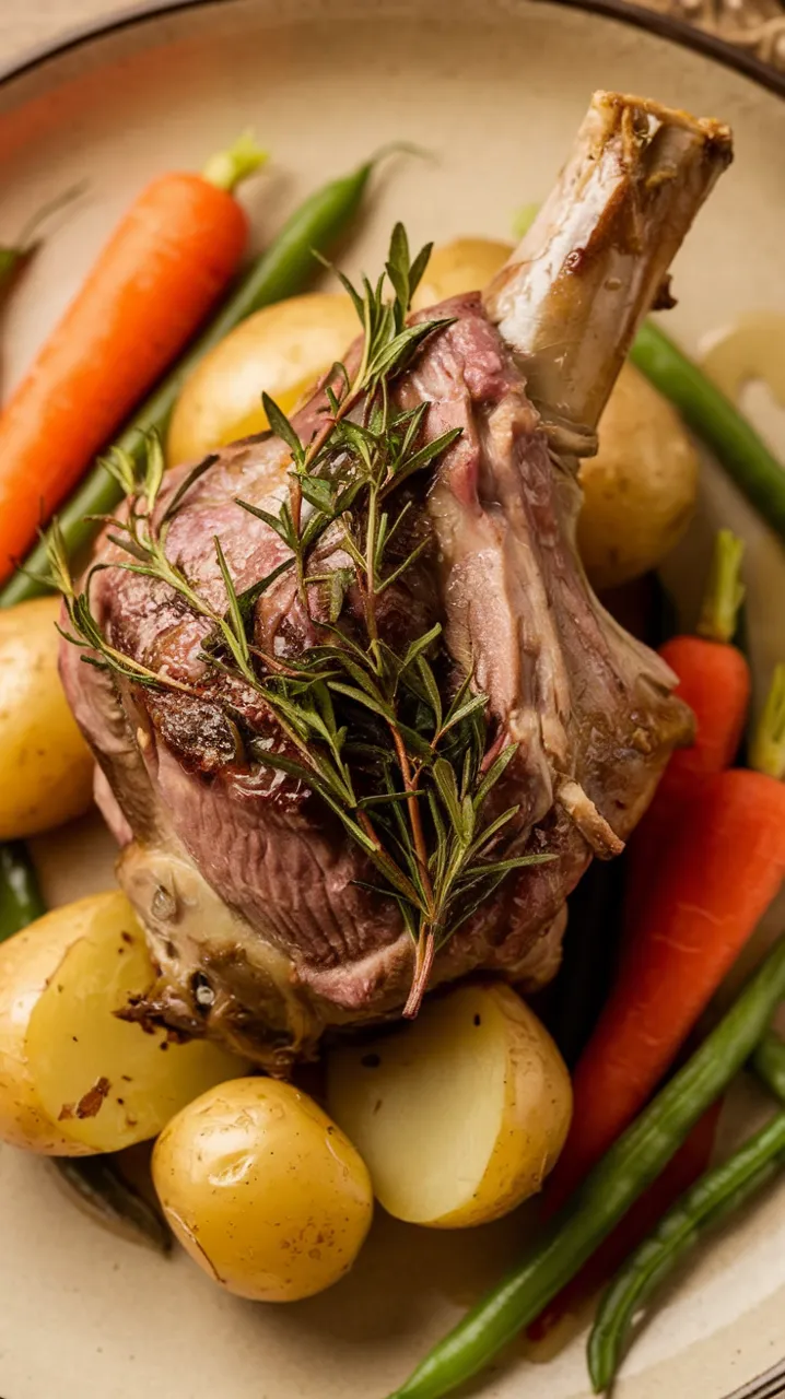 Gigot d'agneau rôti aux herbes et légumes de saison