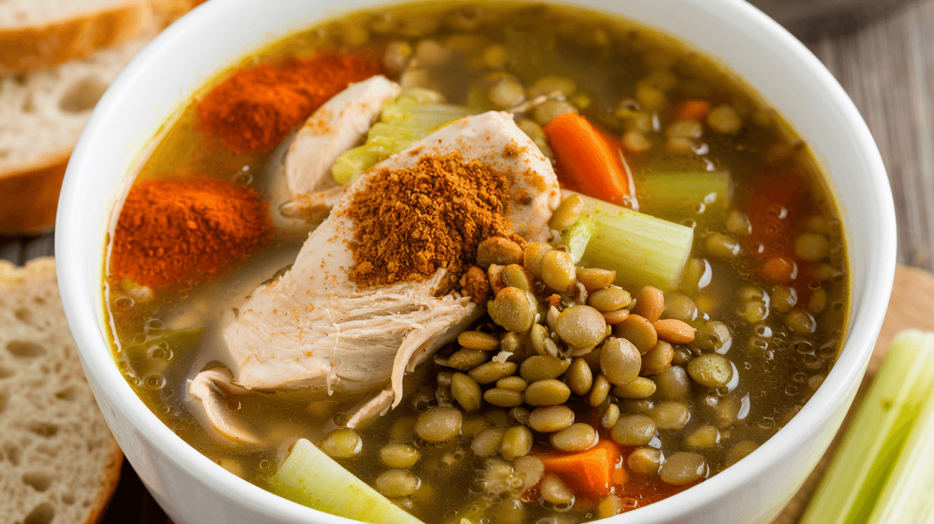 Soupe de poulet, lentilles vertes et épices