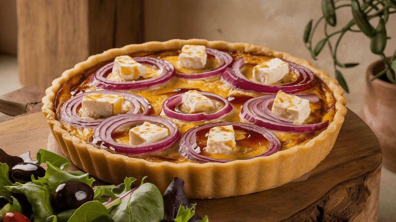 Quiche aux oignons rouges, feta et miel